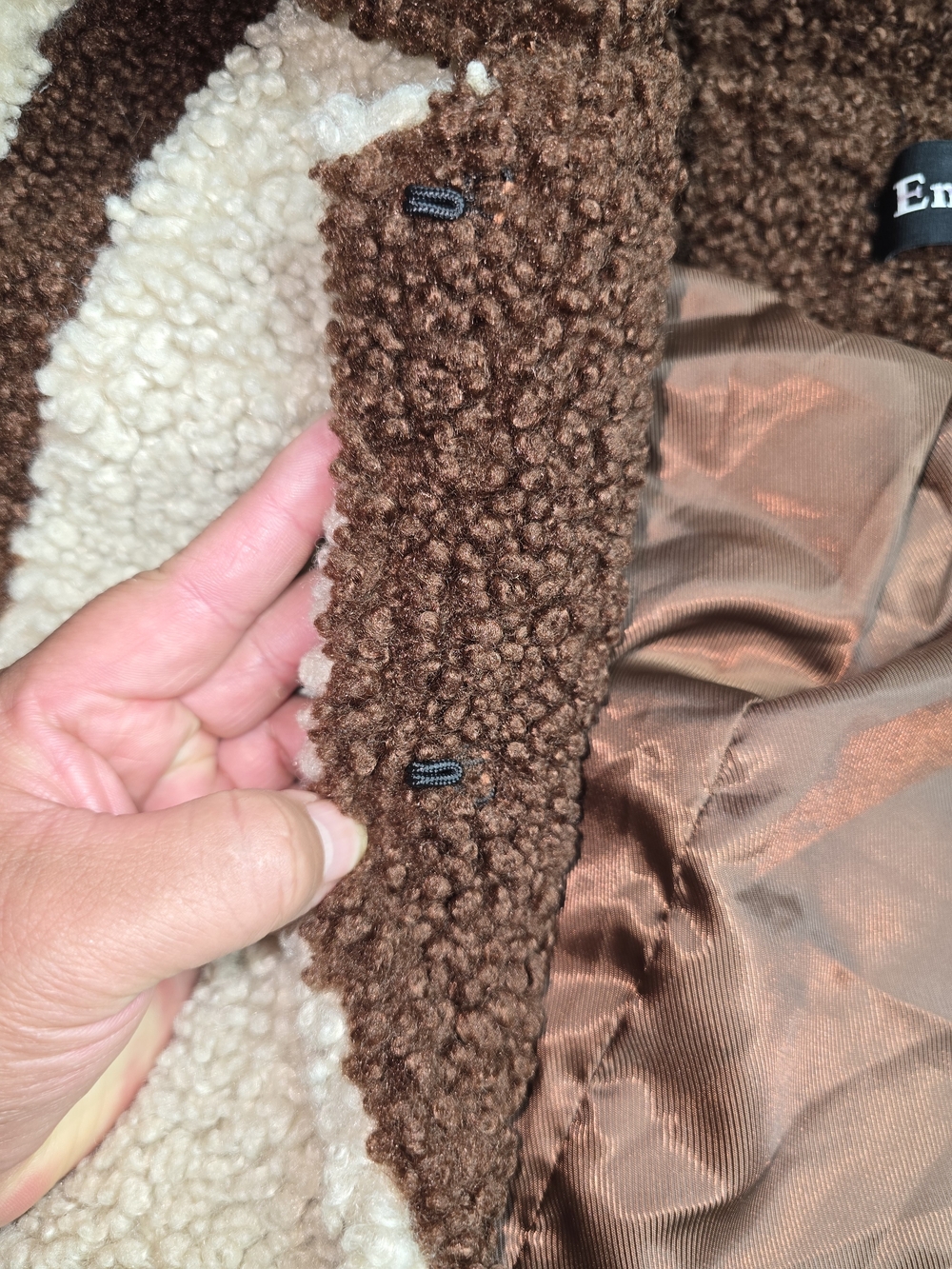 Anthropologie Colorblock Teddy Jacket in Brown and Cream - Picture 5 of 9